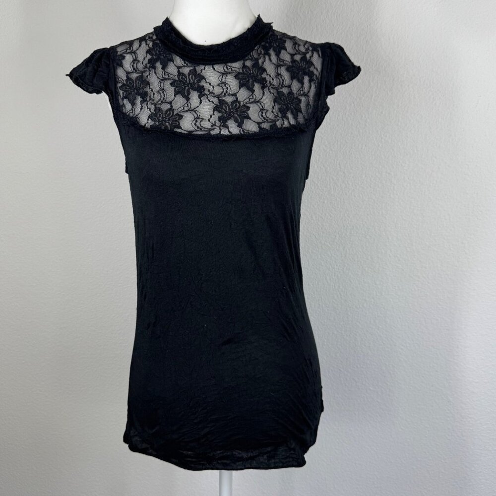 Vintage Weavers Top Black Lace Whimsygoth Size Large Short Sleeve Crinkle